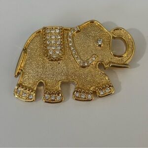 Large vintage gold tone satin finish rhinestone elephant 1999AD brooch pin
